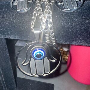 Stainless Steel Silver Hamsa Pendant Necklace with Blue Eye